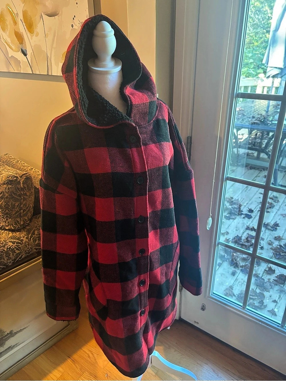 RD Plaid Hooded Coat in Red & Black Like New